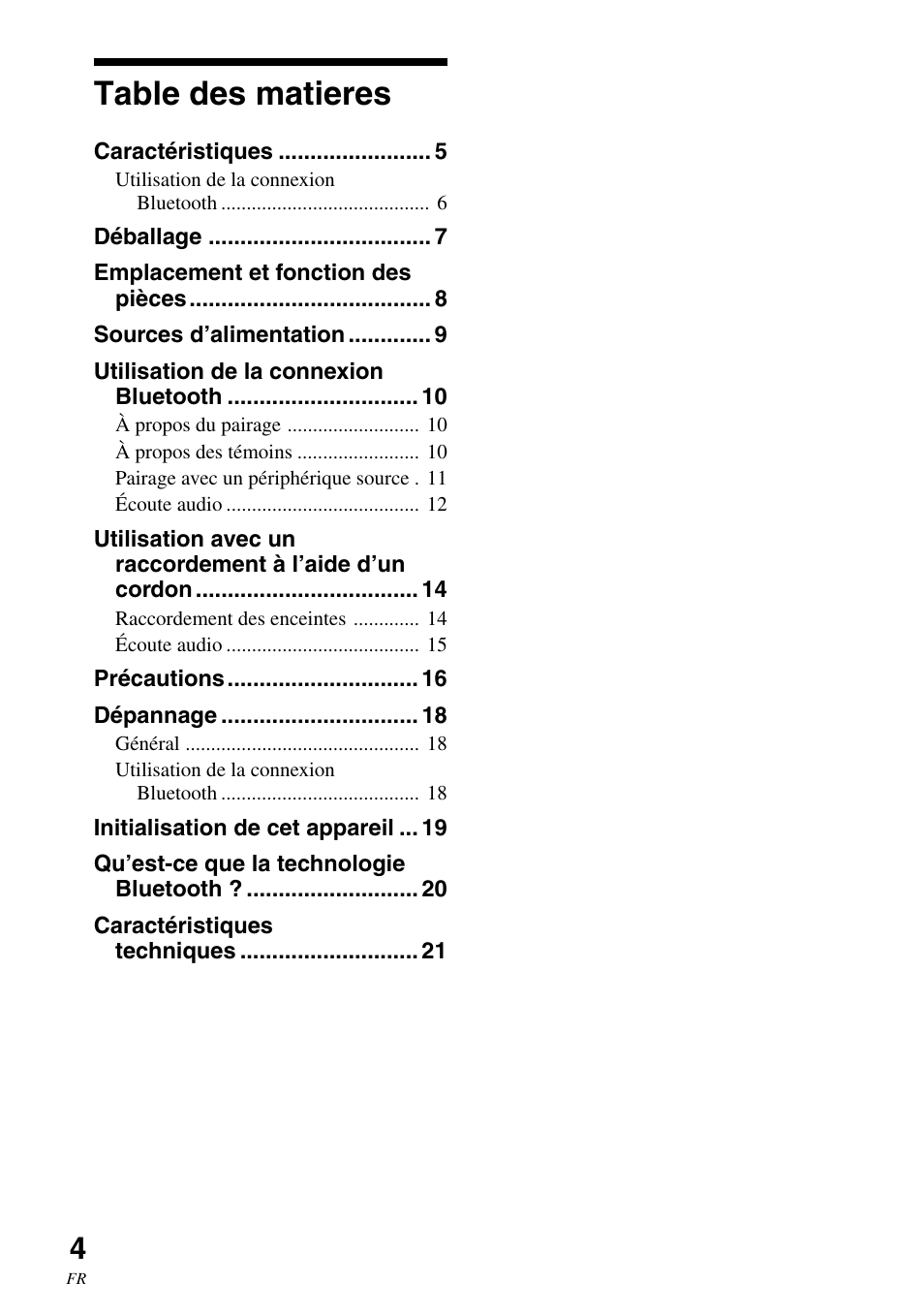 Table des matieres | Sony SRS-BT100 User Manual | Page 24 / 64