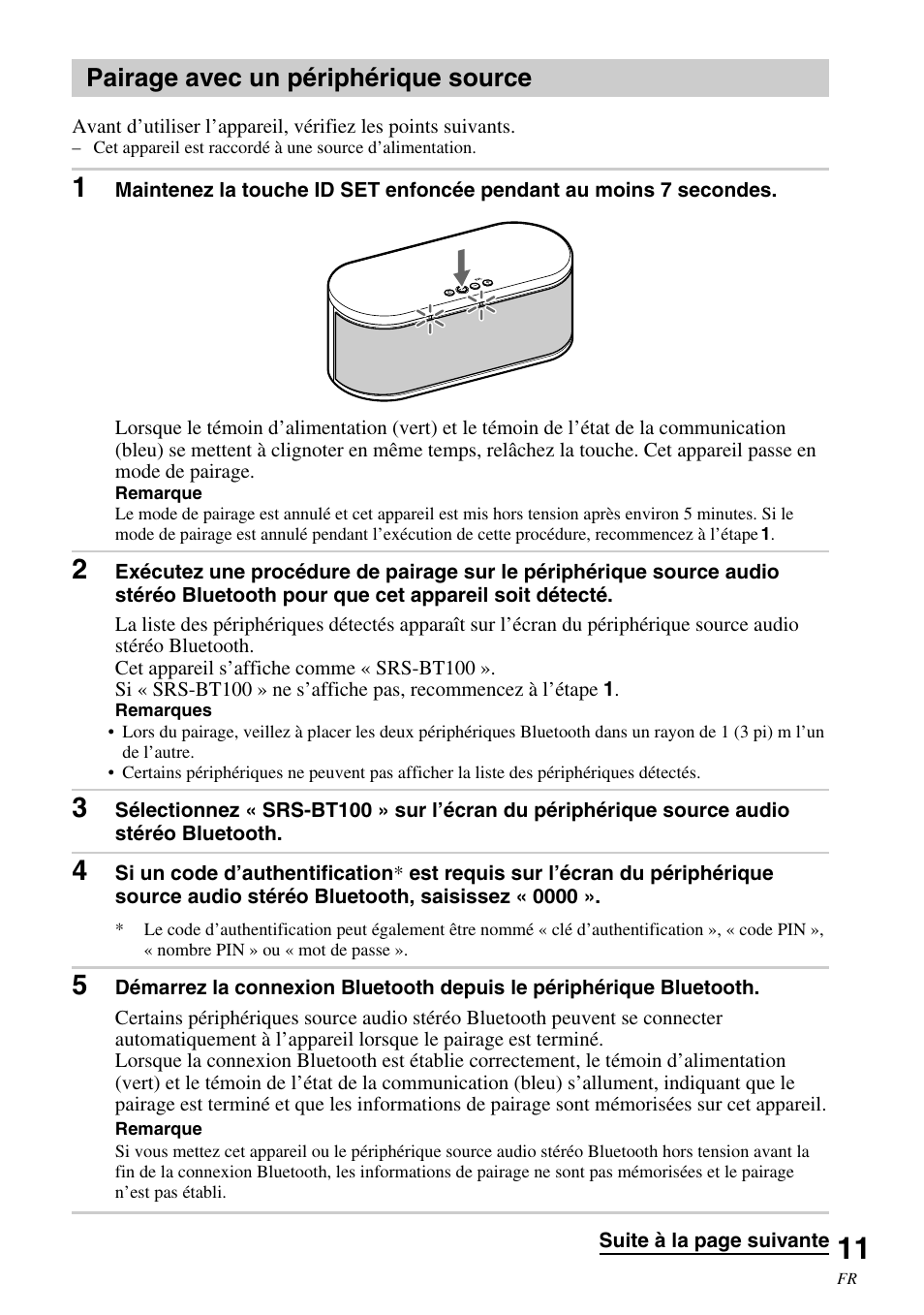 Pairage avec un périphérique source, Pairage avec un périphérique source . 11 | Sony SRS-BT100 User Manual | Page 31 / 64