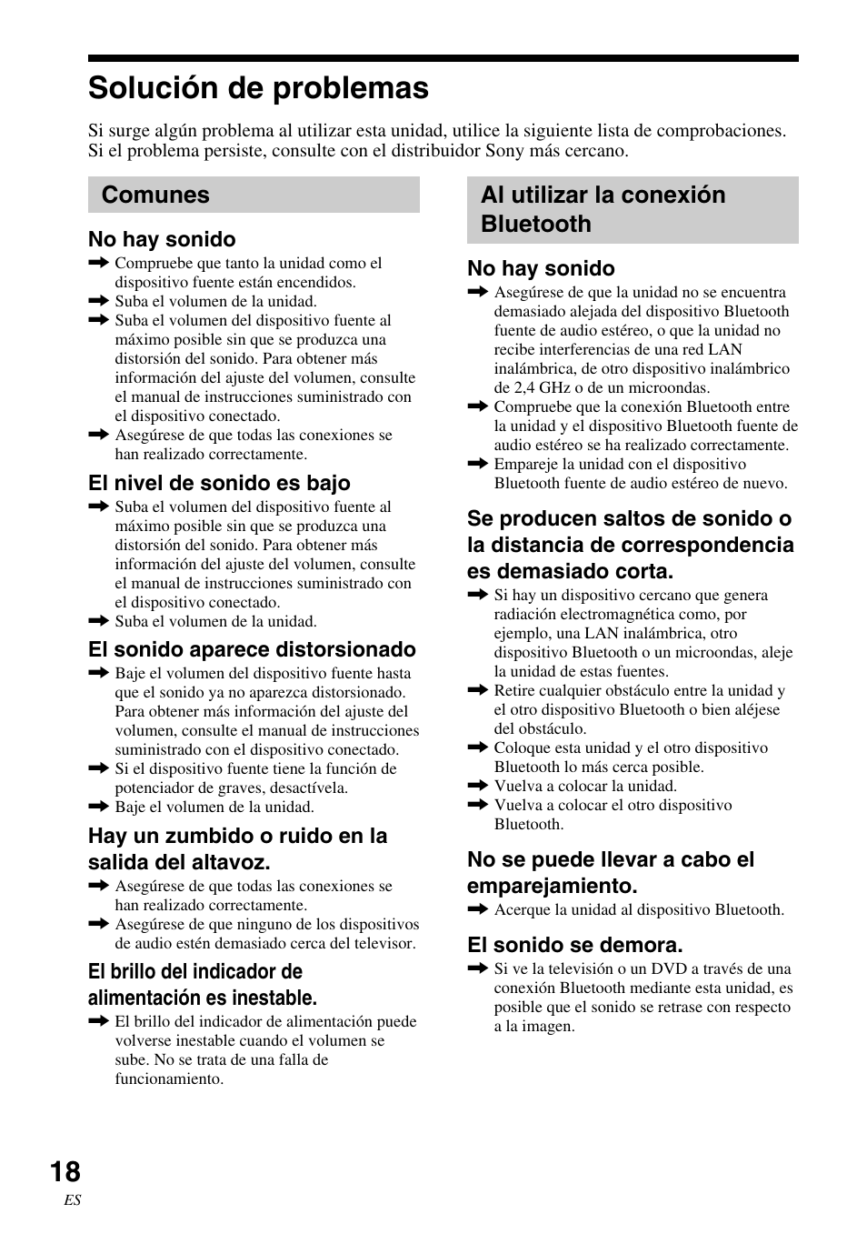 Solución de problemas, Comunes, Al utilizar la conexión bluetooth | Comunes al utilizar la conexión, Bluetooth | Sony SRS-BT100 User Manual | Page 58 / 64