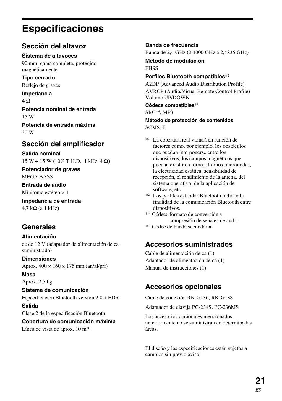 Especificaciones, Sección del altavoz, Sección del amplificador | Generales, Accesorios suministrados, Accesorios opcionales | Sony SRS-BT100 User Manual | Page 61 / 64