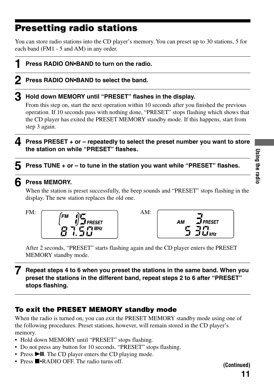Presetting radio stations | Sony D-F21 User Manual | Page 11 / 24