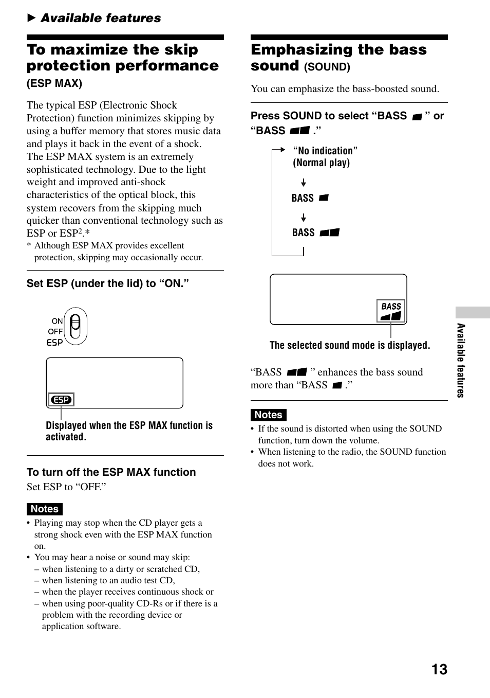 Available features, Emphasizing the bass sound (sound), To maximize the skip protection performance | Esp max), 13 emphasizing the bass sound | Sony D-F21 User Manual | Page 13 / 24
