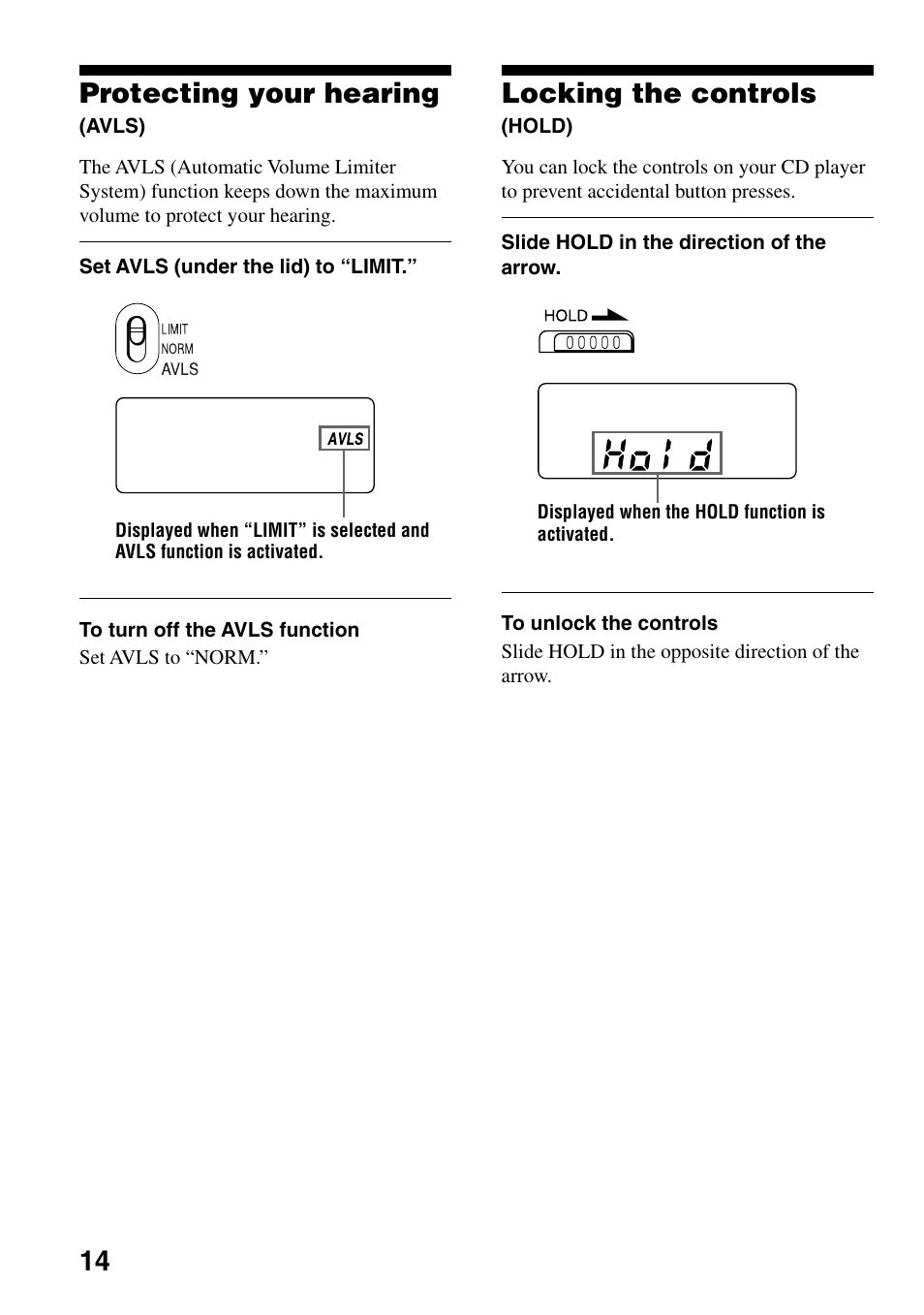 Protecting your hearing (avls), Locking the controls (hold), 14 protecting your hearing | Locking the controls | Sony D-F21 User Manual | Page 14 / 24