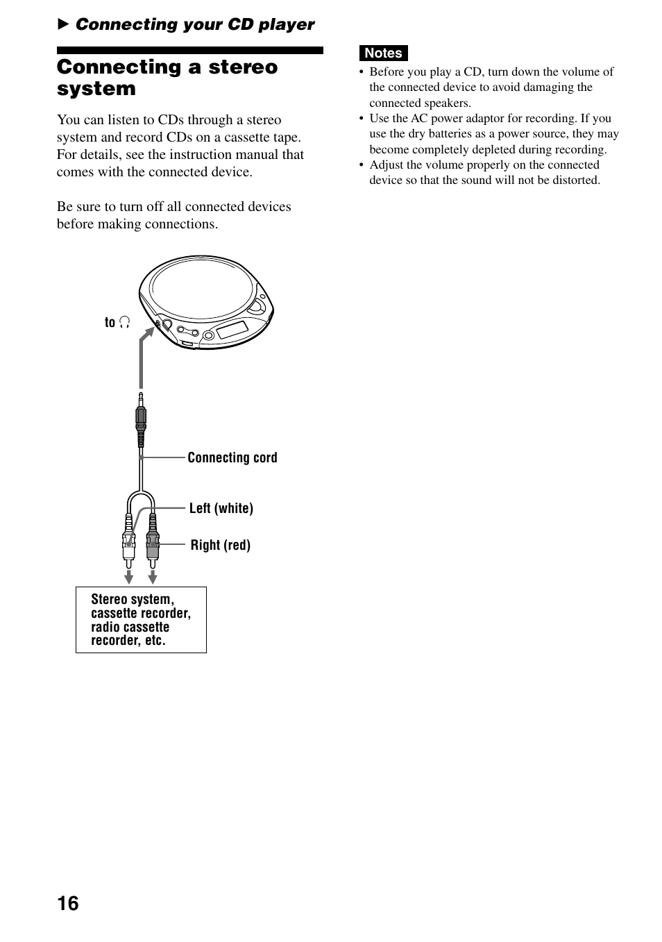 Connecting your cd player, Connecting a stereo system, 16 connecting a stereo system | Sony D-F21 User Manual | Page 16 / 24
