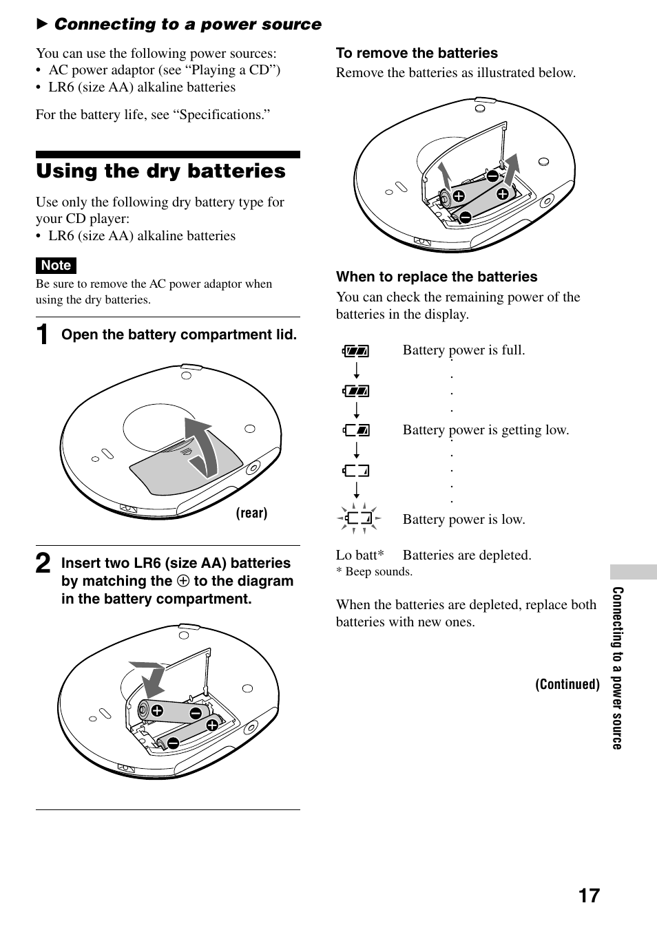 Connecting to a power source, Using the dry batteries | Sony D-F21 User Manual | Page 17 / 24