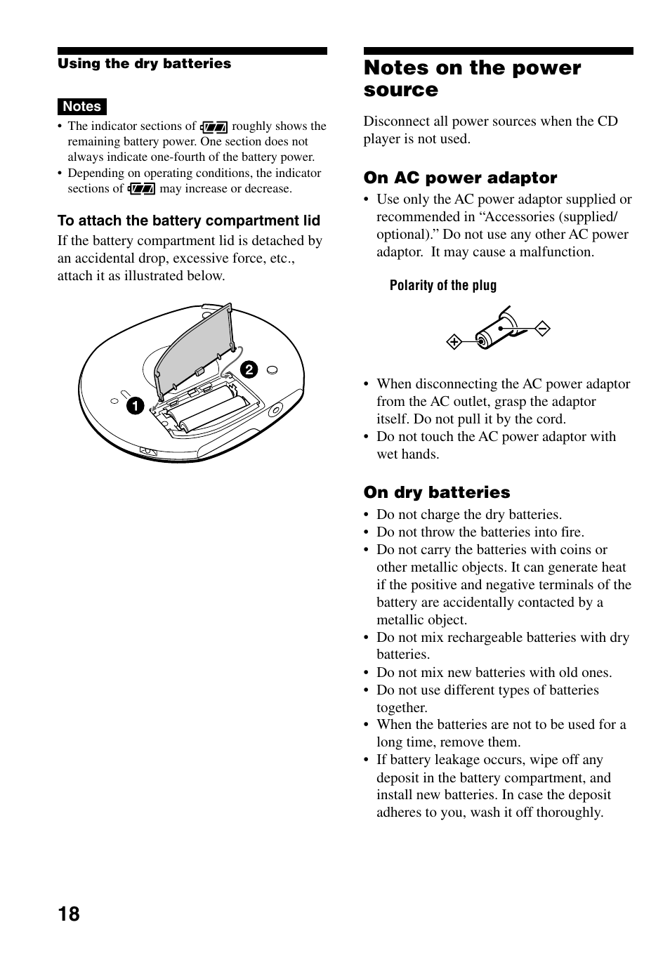Notes on the power source | Sony D-F21 User Manual | Page 18 / 24