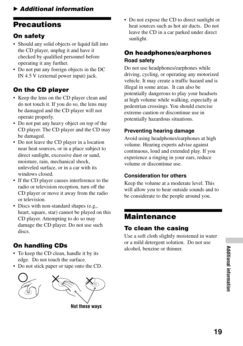Additional information, Precautions, Maintenance | 19 precautions | Sony D-F21 User Manual | Page 19 / 24