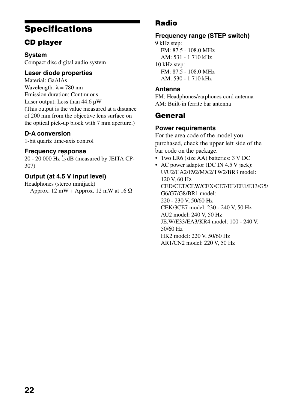 Specifications, 22 specifications | Sony D-F21 User Manual | Page 22 / 24