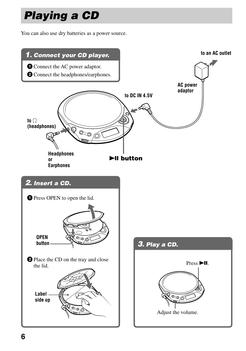 Playing a cd, Connect your cd player, Insert a cd | Play a cd, 1 . connect your cd player, 2 . insert a cd, 3 . play a cd | Sony D-F21 User Manual | Page 6 / 24