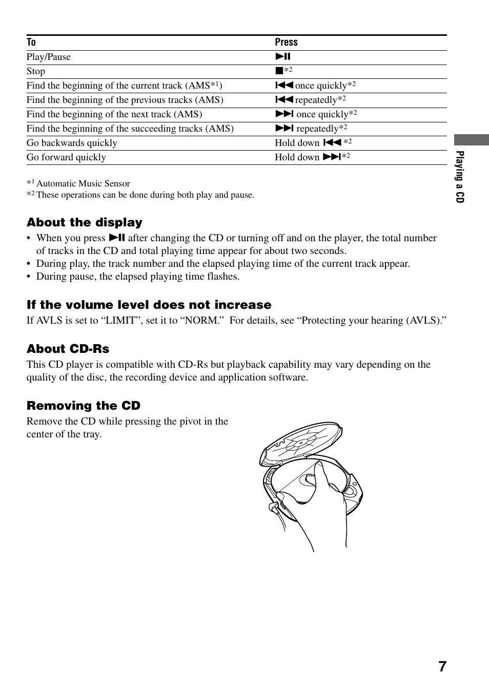 About the display, If the volume level does not increase, About cd-rs | Removing the cd | Sony D-F21 User Manual | Page 7 / 24
