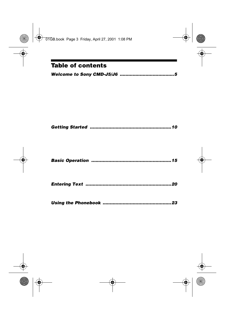 3table of contents | Sony CMD-J6 User Manual | Page 3 / 66