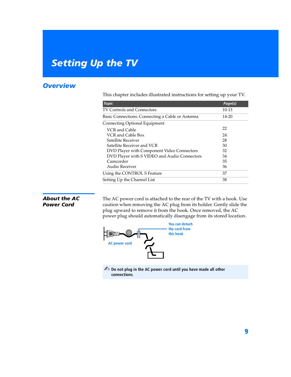 Setting up the tv, Overview, About the ac power cord | Sony WEGA KV-32HS500 User Manual | Page 10 / 87