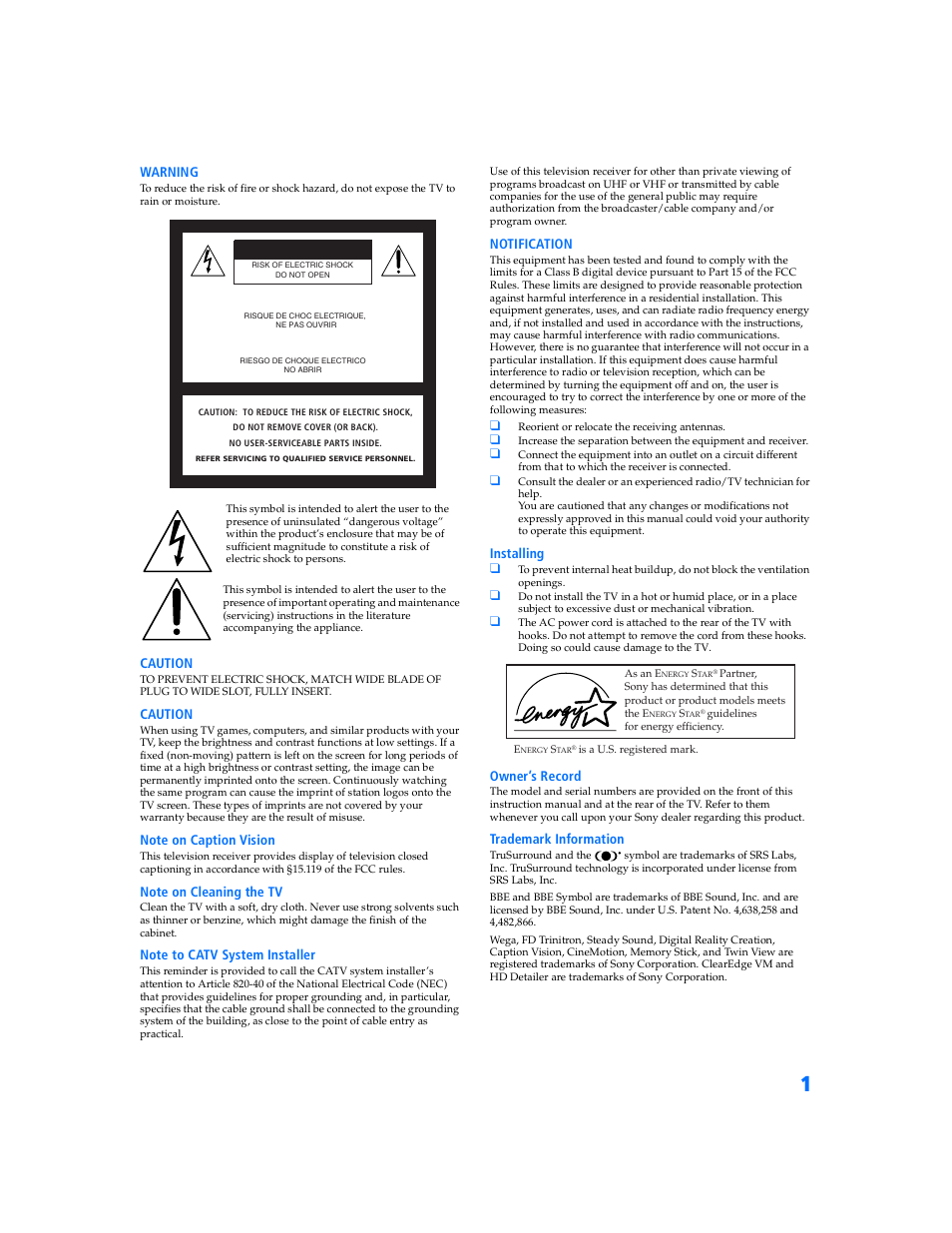 Attention caution precaucion | Sony WEGA KV-32HS500 User Manual | Page 2 / 87