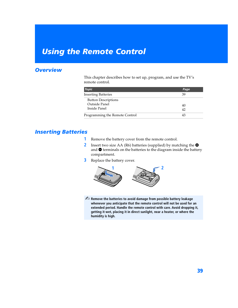 Using the remote control, Overview, Inserting batteries | Overview inserting batteries | Sony WEGA KV-32HS500 User Manual | Page 40 / 87