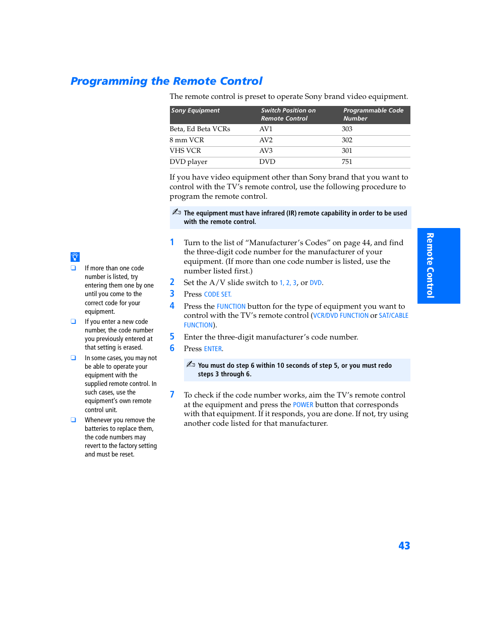 Programming the remote control | Sony WEGA KV-32HS500 User Manual | Page 44 / 87