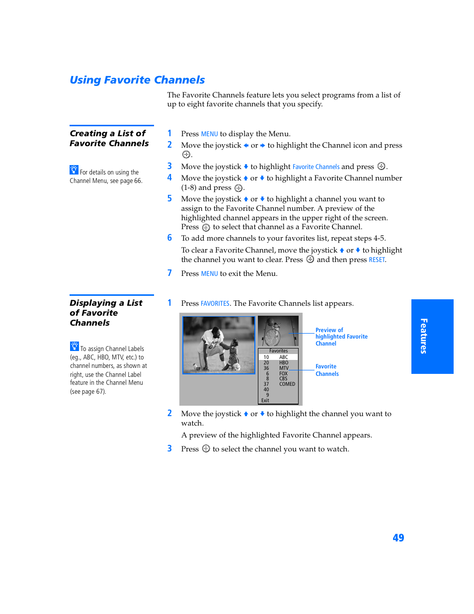 Using favorite channels, Creating a list of favorite channels, Displaying a list of favorite channels | Sony WEGA KV-32HS500 User Manual | Page 50 / 87