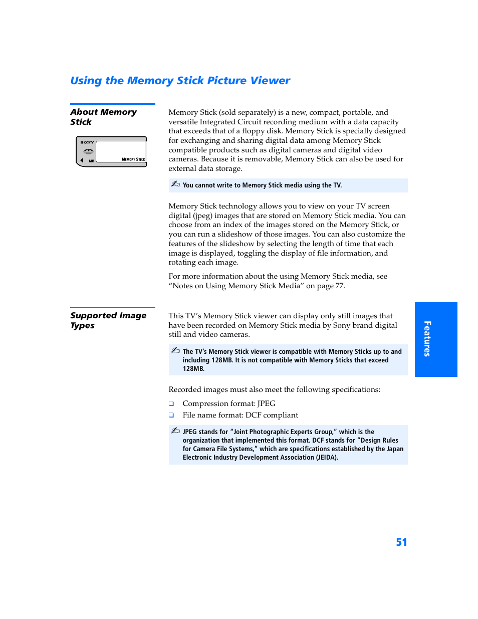 Using the memory stick picture viewer, About memory stick, Supported image types | Sony WEGA KV-32HS500 User Manual | Page 52 / 87