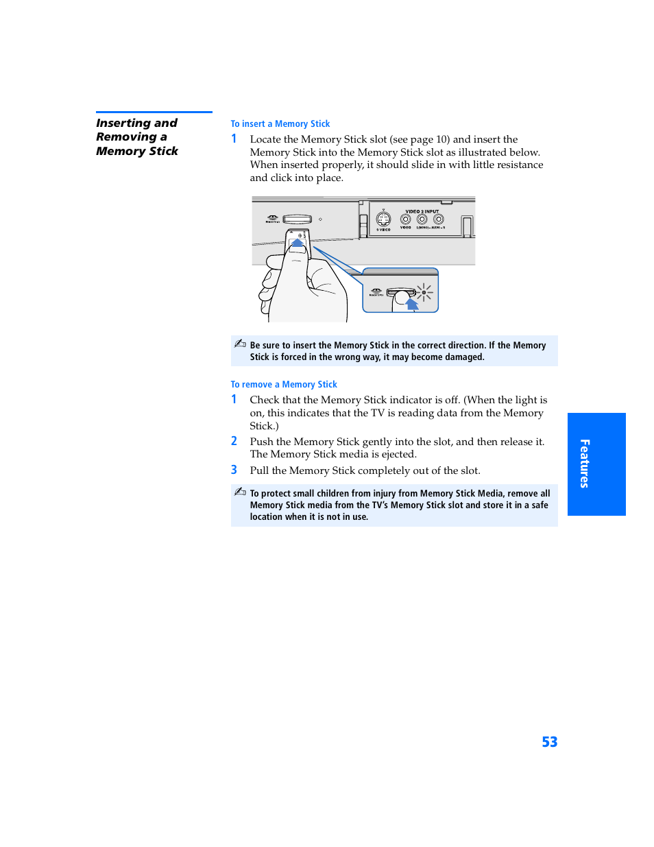 Inserting and removing a memory stick | Sony WEGA KV-32HS500 User Manual | Page 54 / 87