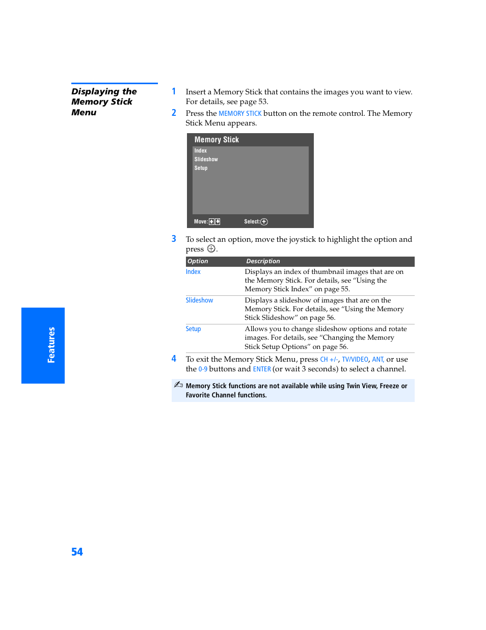 Displaying the memory stick menu | Sony WEGA KV-32HS500 User Manual | Page 55 / 87