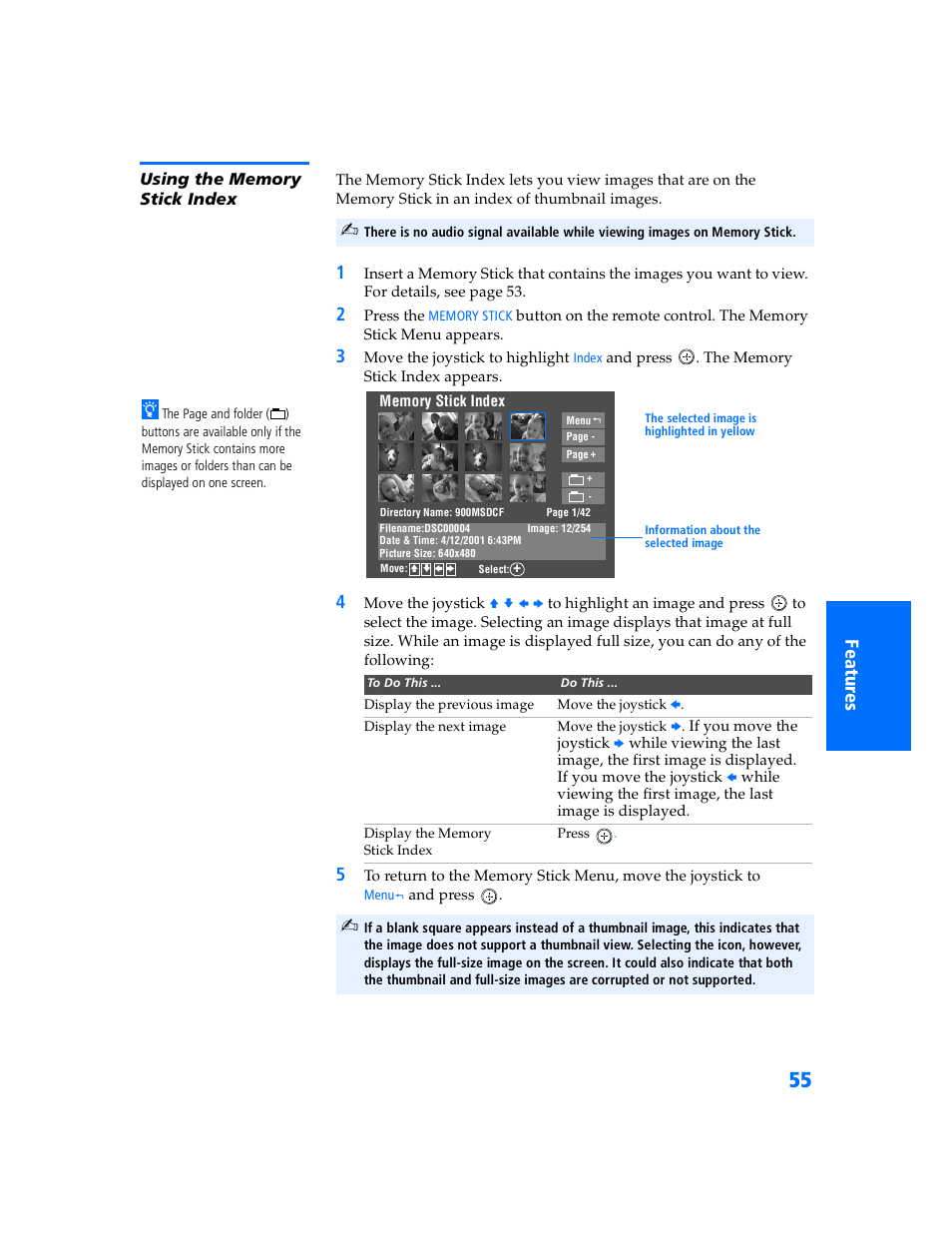 Using the memory stick index | Sony WEGA KV-32HS500 User Manual | Page 56 / 87