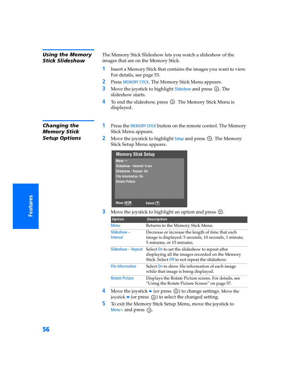 Using the memory stick slideshow, Changing the memory stick setup options | Sony WEGA KV-32HS500 User Manual | Page 57 / 87