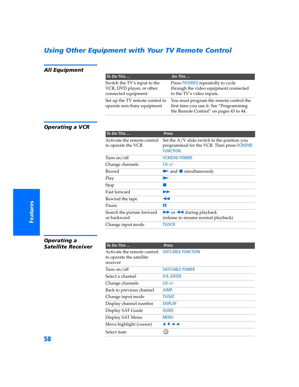 Using other equipment with your tv remote control, All equipment, Operating a vcr | Operating a satellite receiver | Sony WEGA KV-32HS500 User Manual | Page 59 / 87