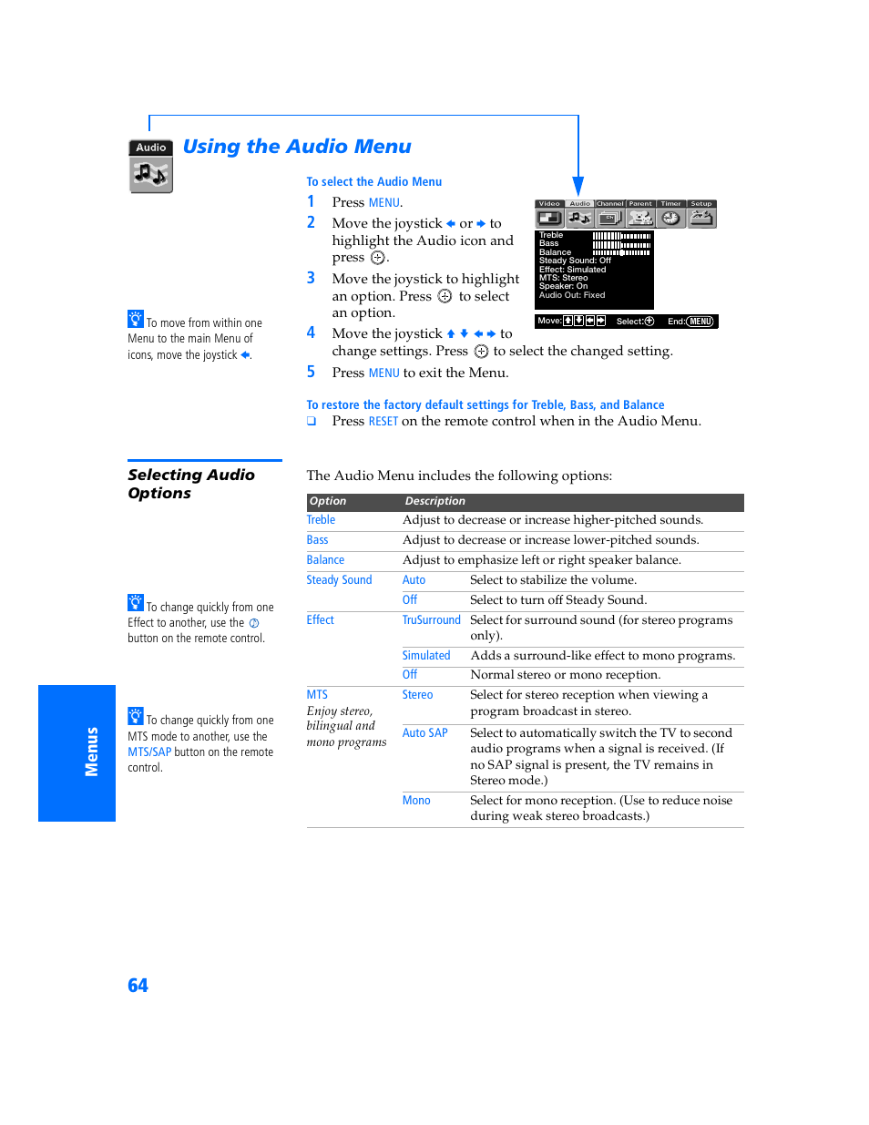 Using the audio menu, Selecting audio options | Sony WEGA KV-32HS500 User Manual | Page 65 / 87