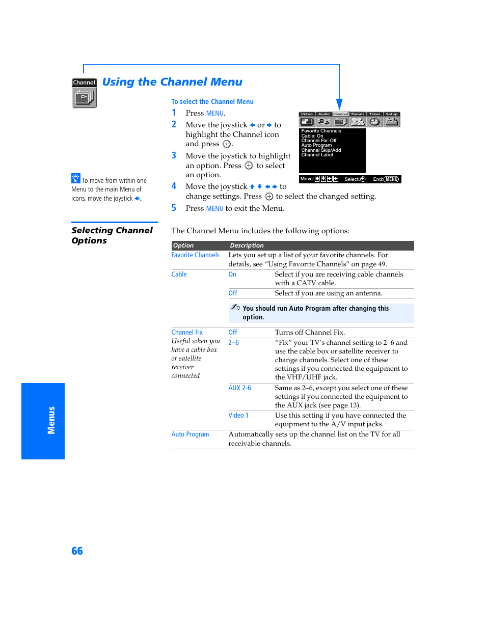 Using the channel menu, Selecting channel options | Sony WEGA KV-32HS500 User Manual | Page 67 / 87