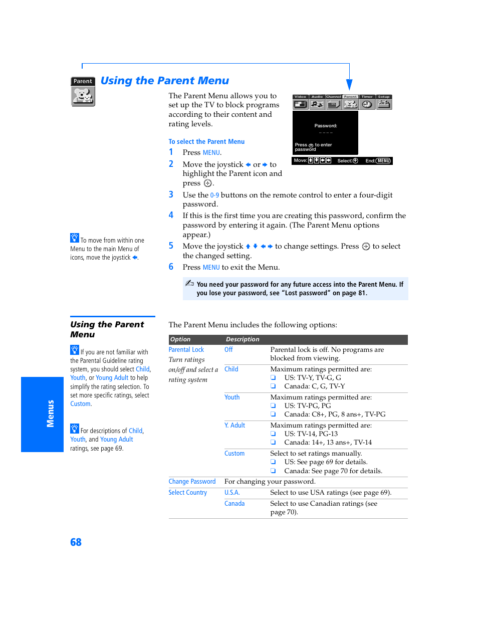 Using the parent menu | Sony WEGA KV-32HS500 User Manual | Page 69 / 87