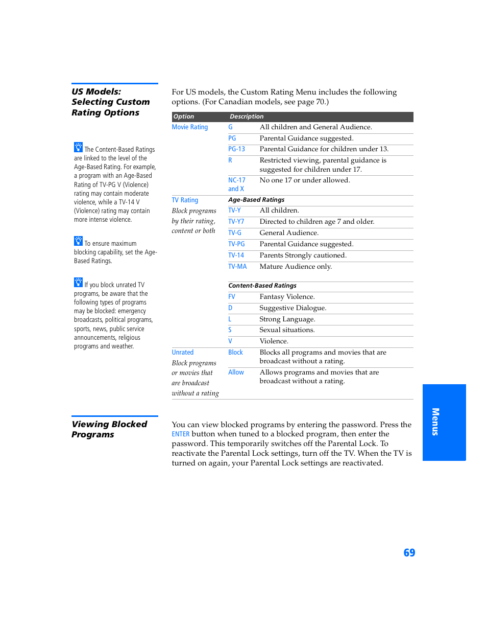 Us models: selecting custom rating options, Viewing blocked programs | Sony WEGA KV-32HS500 User Manual | Page 70 / 87