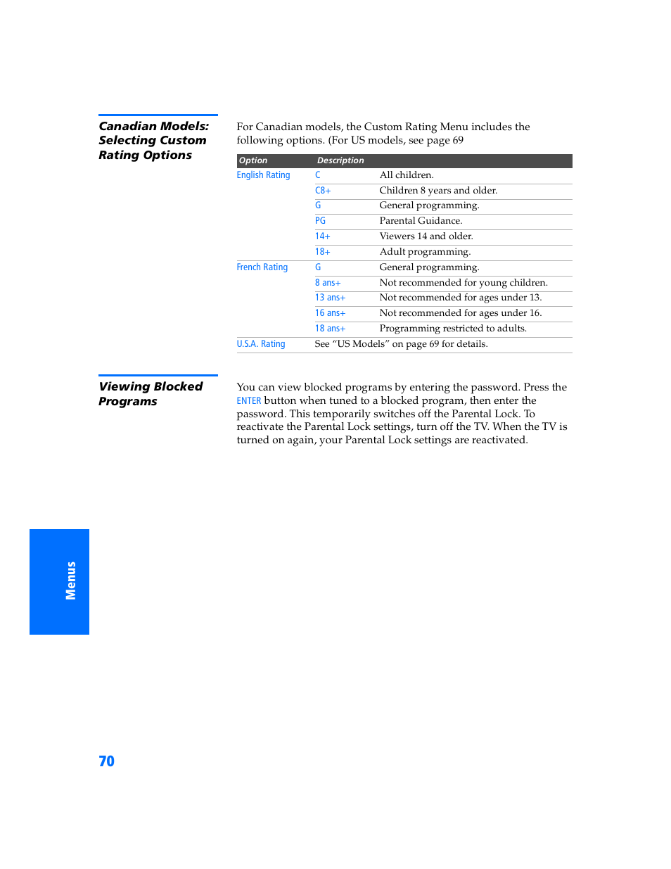 Canadian models: selecting custom rating options, Viewing blocked programs | Sony WEGA KV-32HS500 User Manual | Page 71 / 87