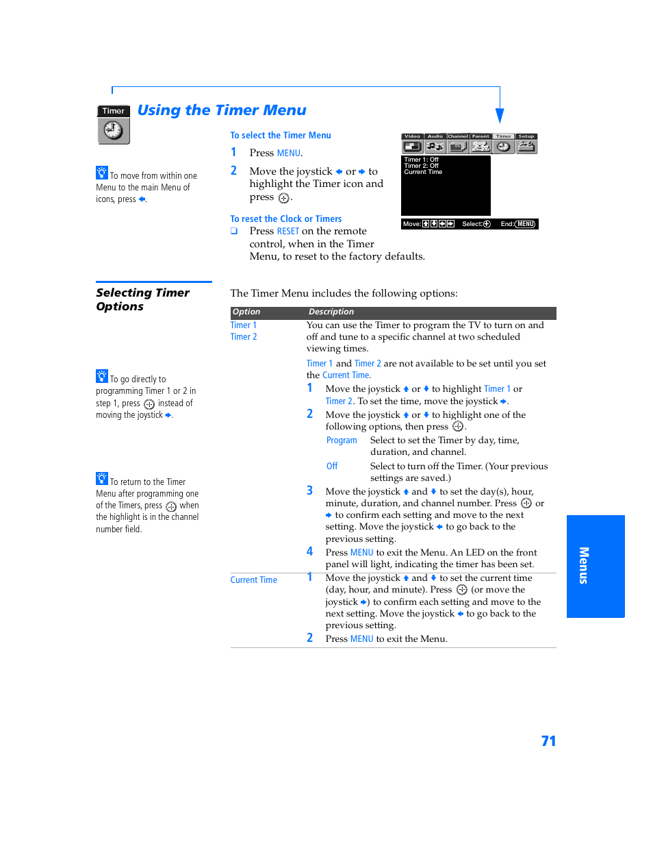 Using the timer menu, Selecting timer options | Sony WEGA KV-32HS500 User Manual | Page 72 / 87