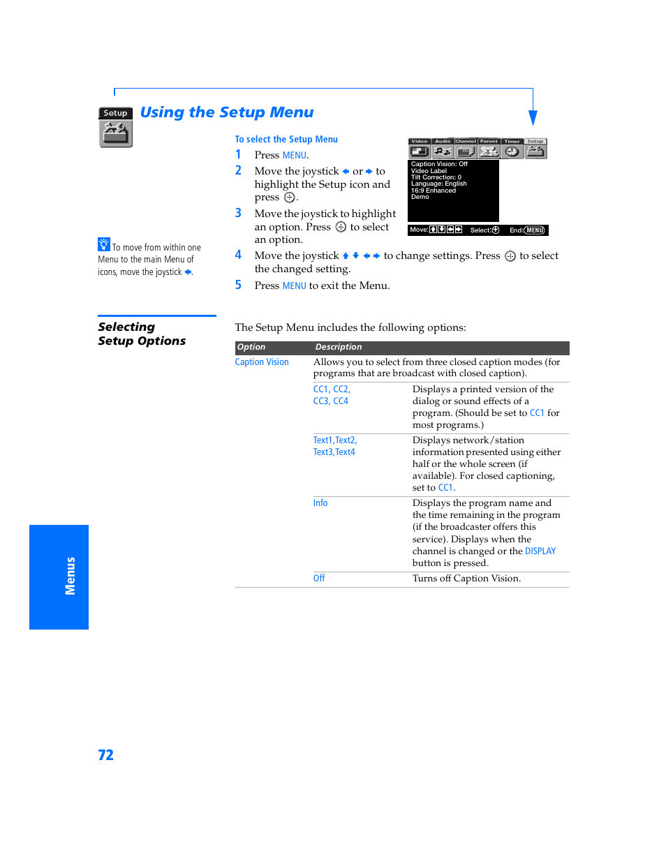 Using the setup menu, Selecting setup options | Sony WEGA KV-32HS500 User Manual | Page 73 / 87