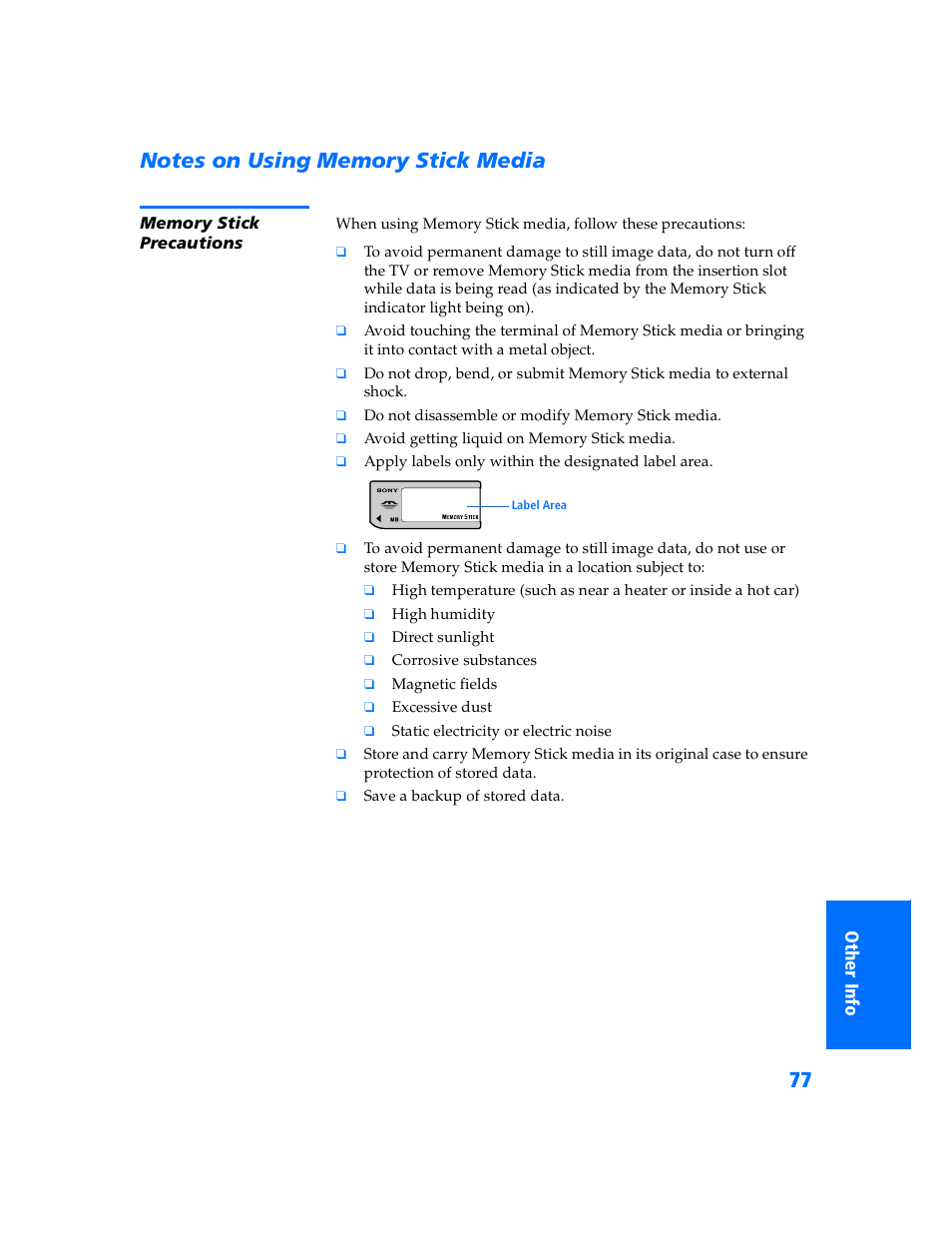 Notes on using memory stick media, Memory stick precautions | Sony WEGA KV-32HS500 User Manual | Page 78 / 87