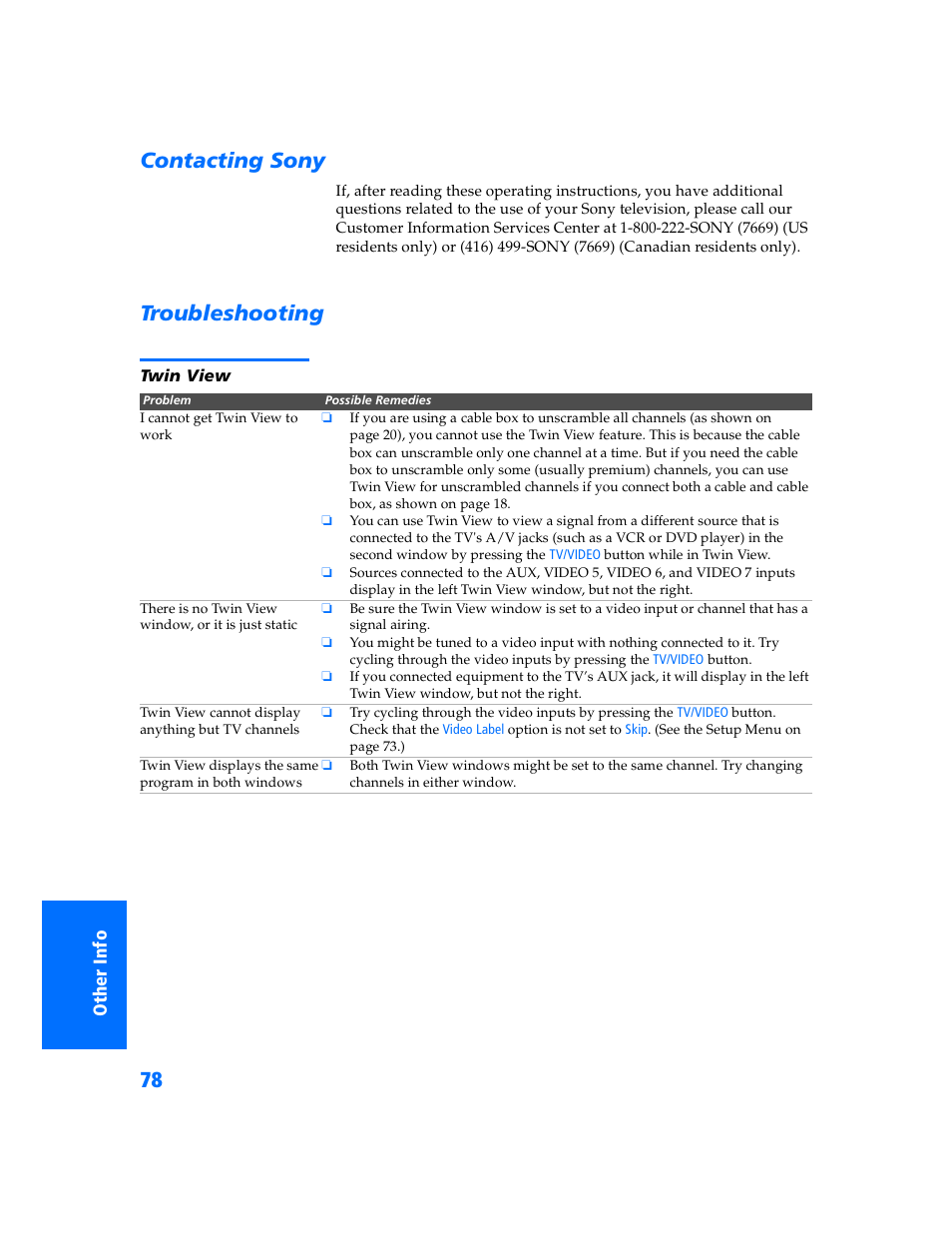 Contacting sony, Troubleshooting, Twin view | Contacting sony troubleshooting s | Sony WEGA KV-32HS500 User Manual | Page 79 / 87