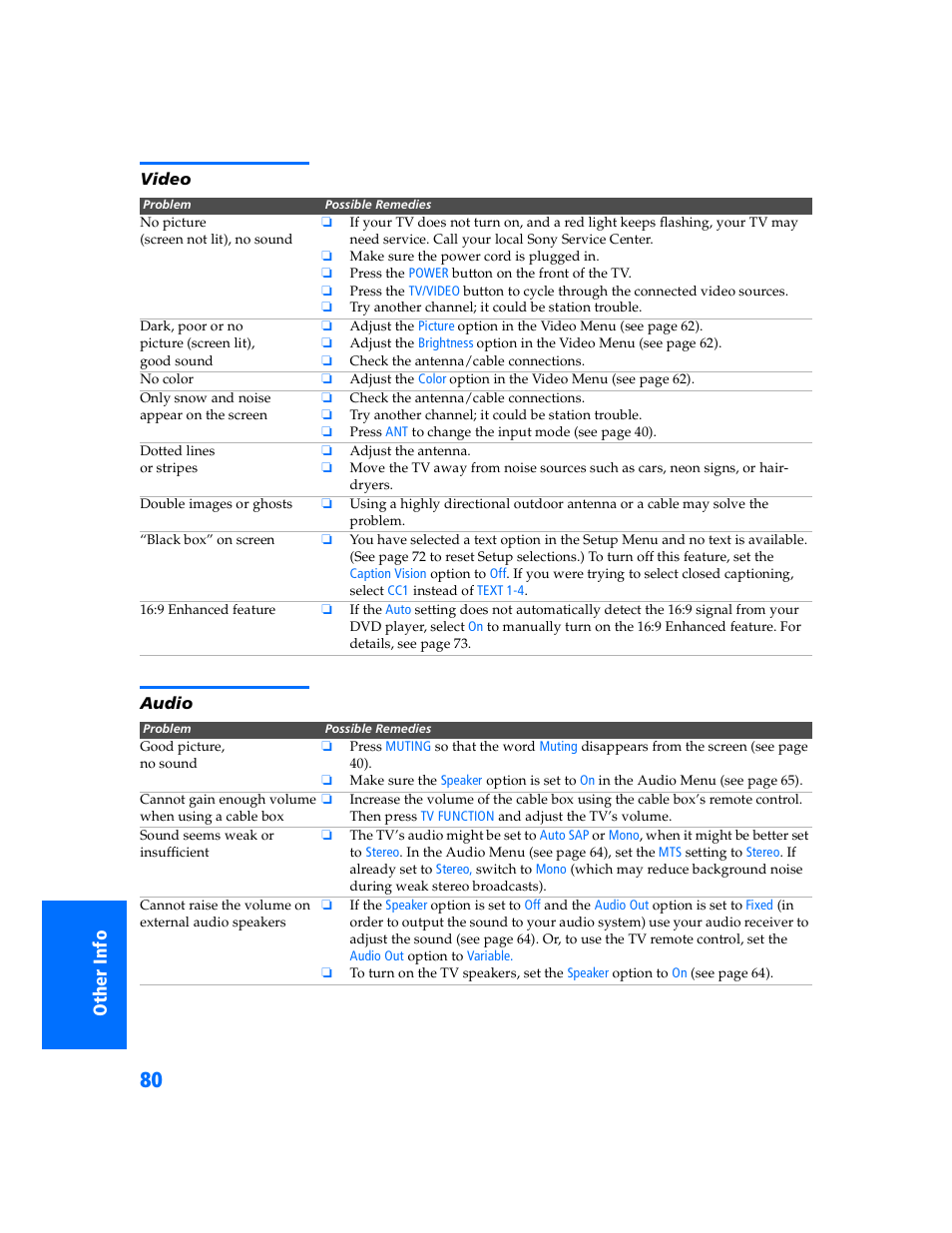 Video, Audio | Sony WEGA KV-32HS500 User Manual | Page 81 / 87