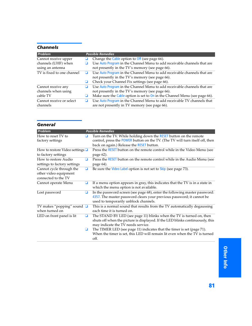 Channels, General | Sony WEGA KV-32HS500 User Manual | Page 82 / 87