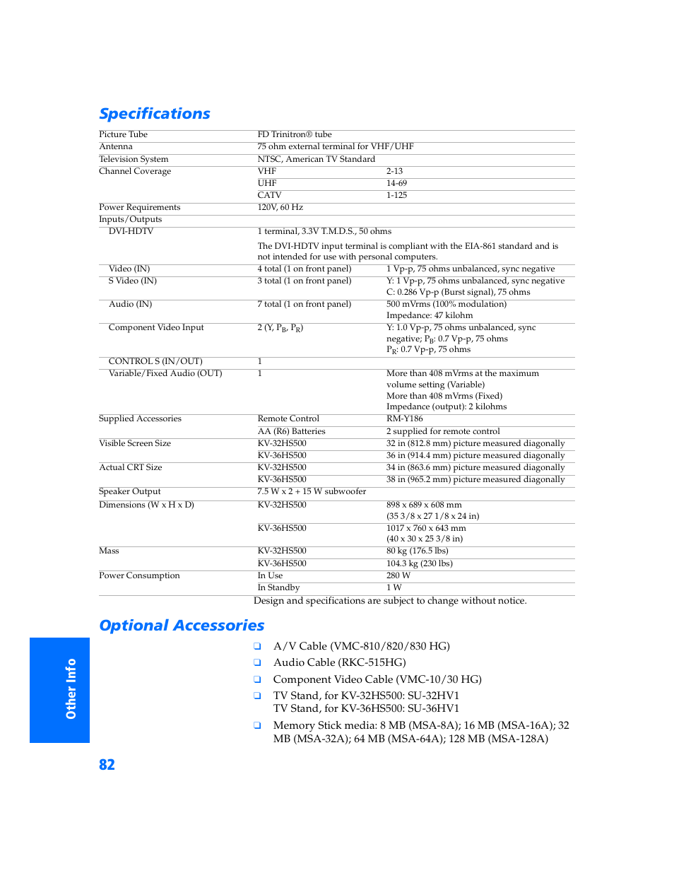 Specifications, Optional accessories, Pecifications optional accessories | Sony WEGA KV-32HS500 User Manual | Page 83 / 87