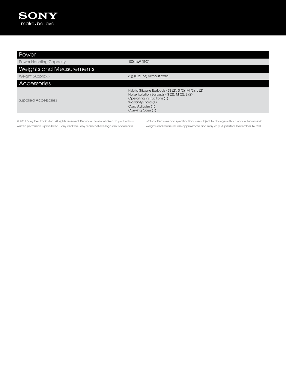 Power, Weights and measurements, Accessories | Sony XBA2 User Manual | Page 2 / 2