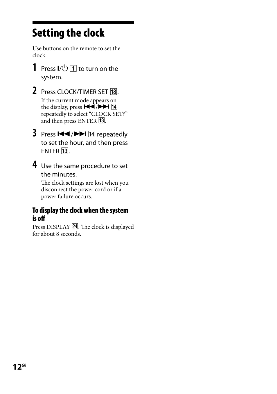 Setting the clock | Sony CMT-HX3R User Manual | Page 12 / 32