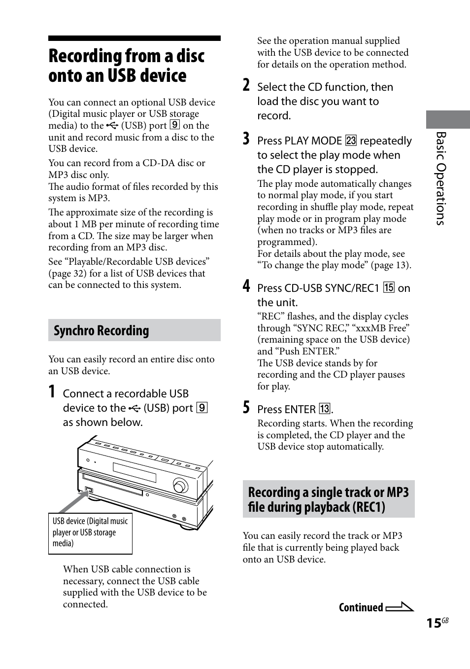 Recording from a disc onto an usb device, Recording from a disc onto an usb, Device | Synchro recording | Sony CMT-HX3R User Manual | Page 15 / 32
