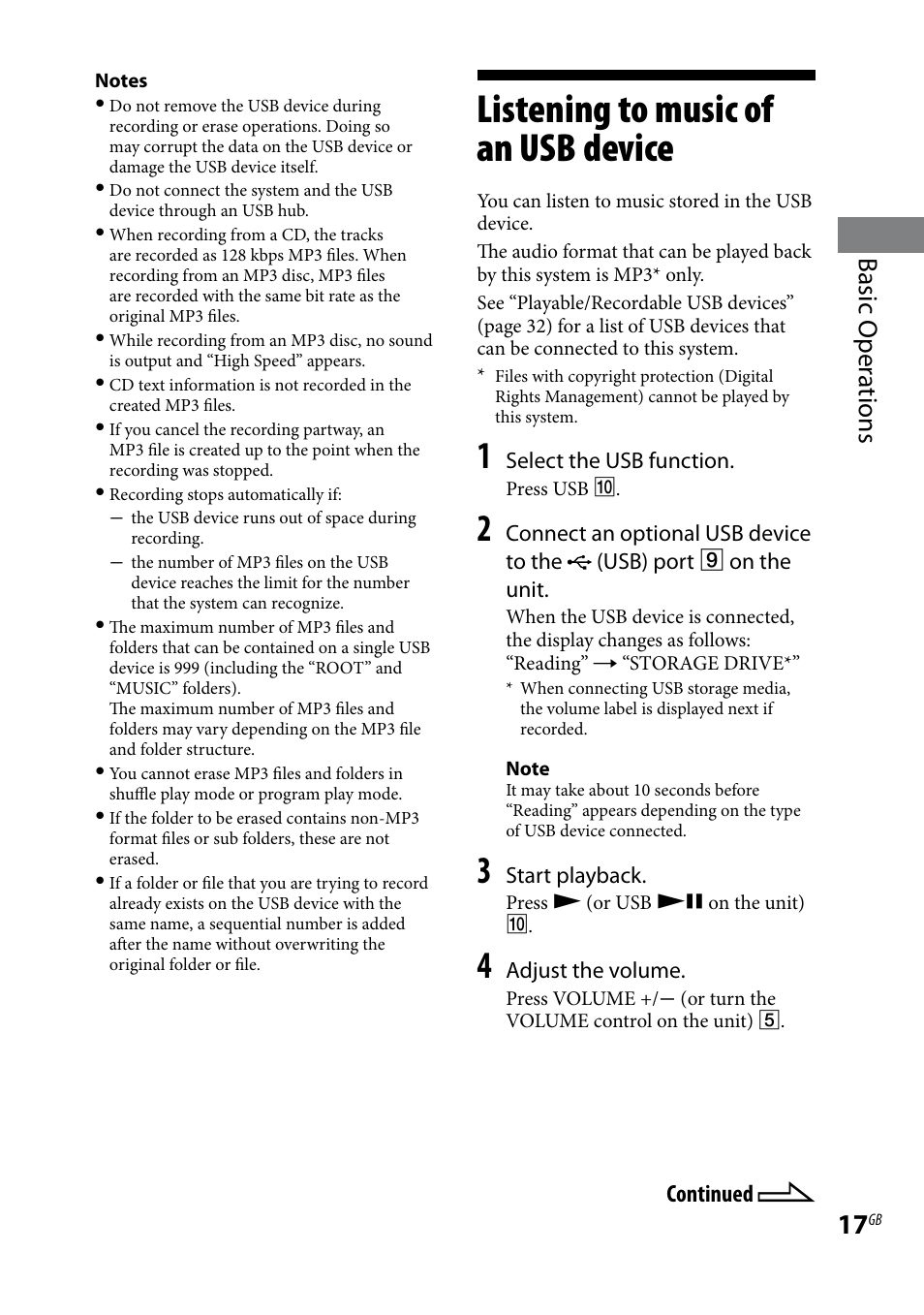 Listening to music of an usb device, Listening to music of an usb, Device | Basic oper ations | Sony CMT-HX3R User Manual | Page 17 / 32