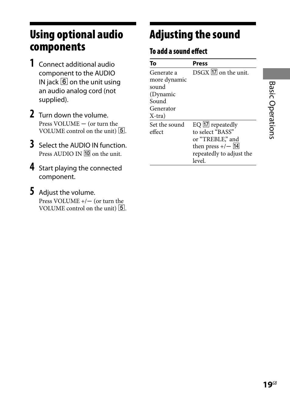 Using optional audio components, Adjusting the sound, Using optional audio | Components adjusting the sound | Sony CMT-HX3R User Manual | Page 19 / 32