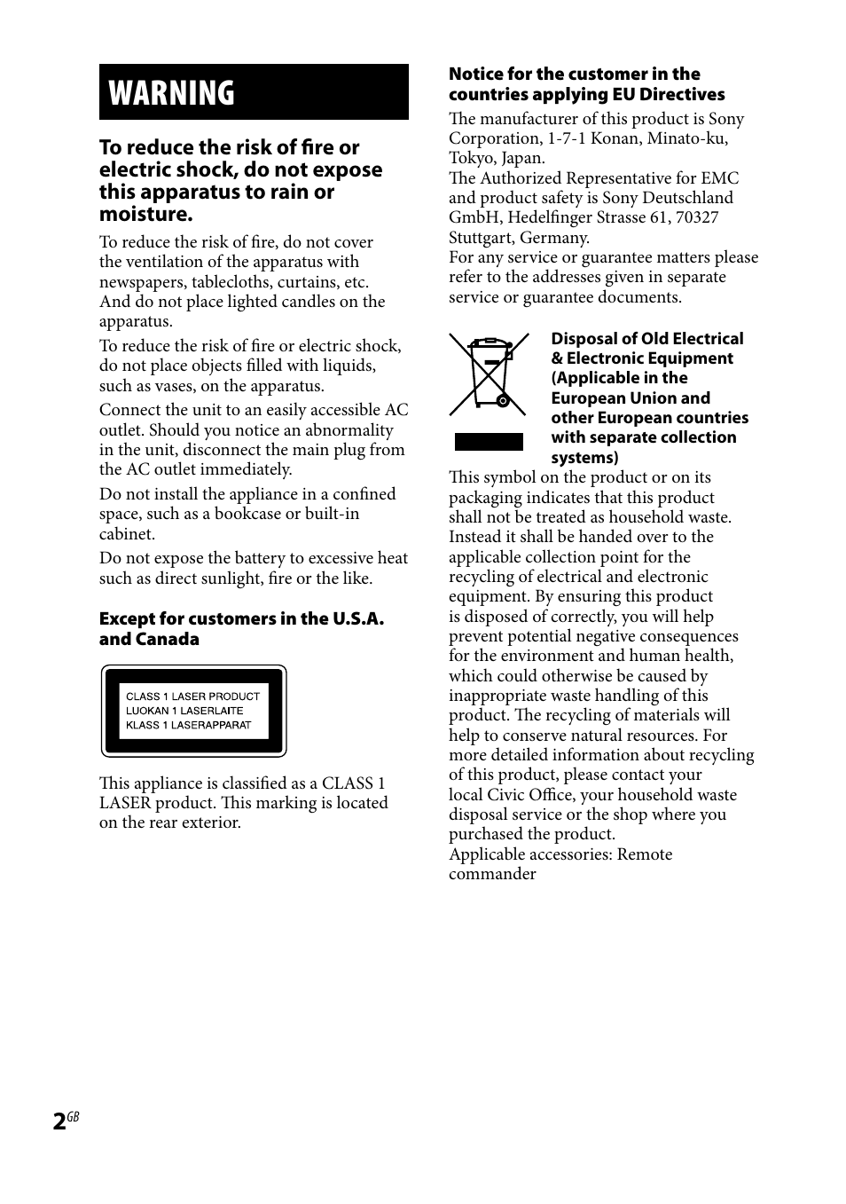 Warning | Sony CMT-HX3R User Manual | Page 2 / 32