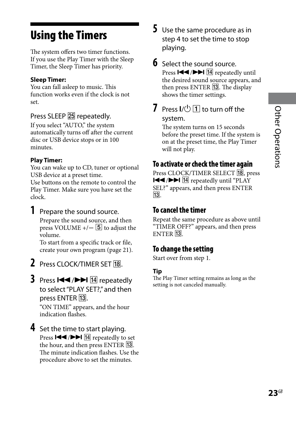 Using the timers, Other oper ations | Sony CMT-HX3R User Manual | Page 23 / 32