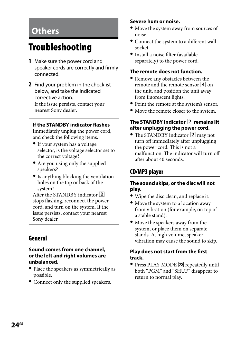 Others, Troubleshooting, General | Cd/mp3 player | Sony CMT-HX3R User Manual | Page 24 / 32