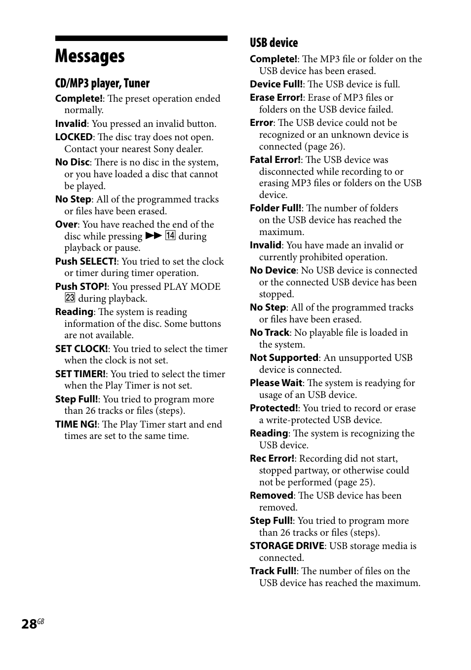 Messages, Cd/mp3 player, tuner, Usb device | Sony CMT-HX3R User Manual | Page 28 / 32
