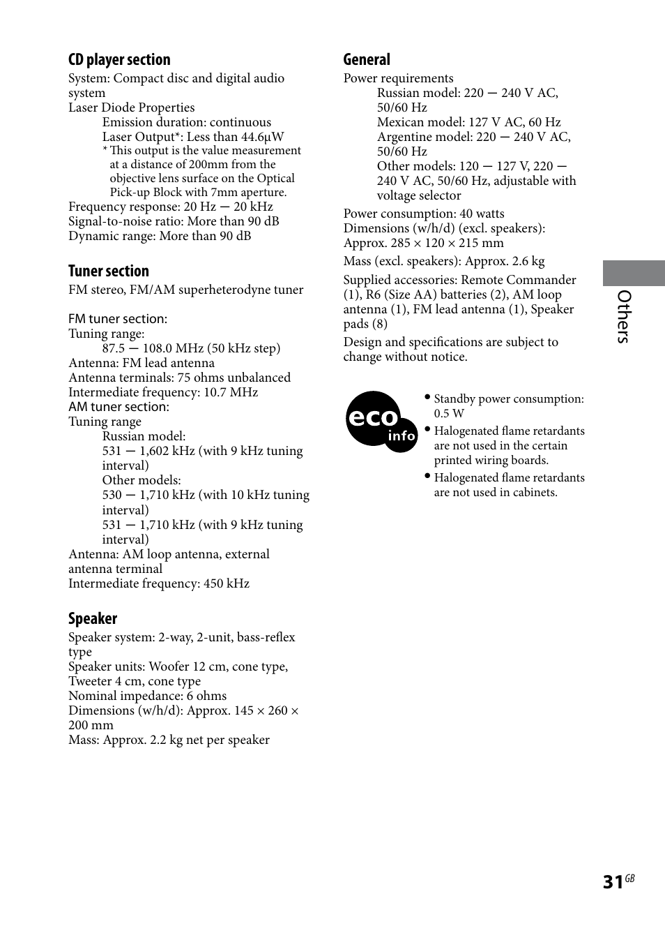 Others, Speaker, General | Sony CMT-HX3R User Manual | Page 31 / 32