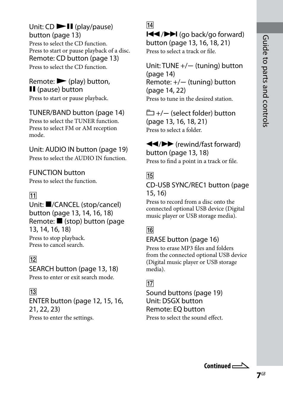 Guide t o par ts and c on tr ols | Sony CMT-HX3R User Manual | Page 7 / 32