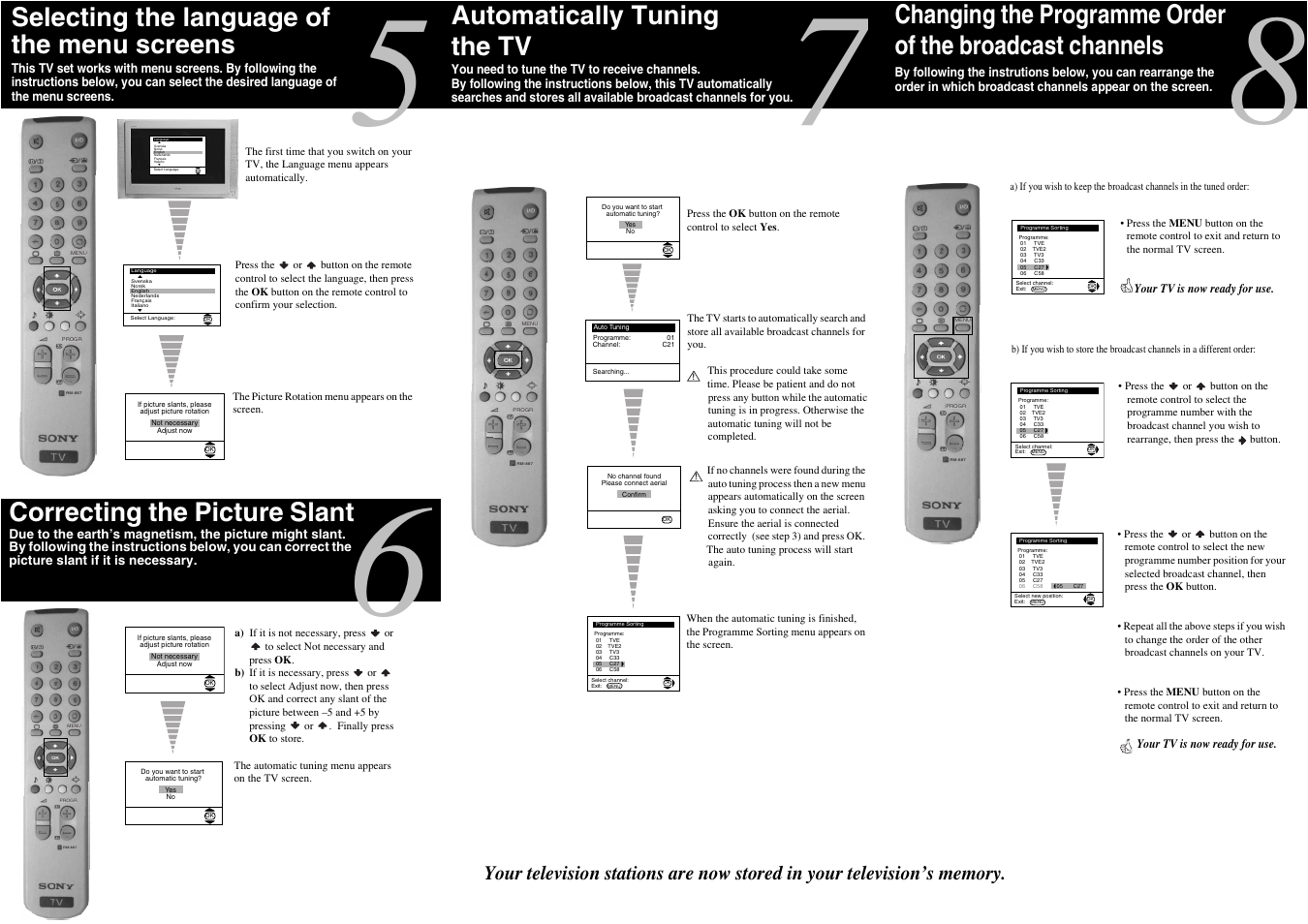 Automatically tuning the tv, Correcting the picture slant, Selecting the language of the menu screens | Sony RM-887 for KV-28EW20U User Manual | Page 2 / 2